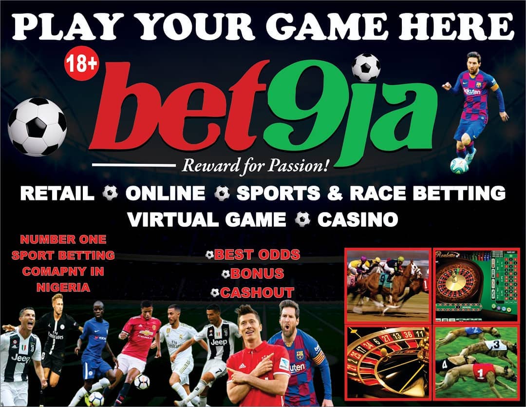 A colorful promotional advertisement for Bet9ja, highlighting different betting options like retail, online, sports betting, virtual games, and casino. It includes images of famous footballers, roulette wheels, horse racing, and greyhound racing. The tagline Reward for Passion! is displayed prominently.