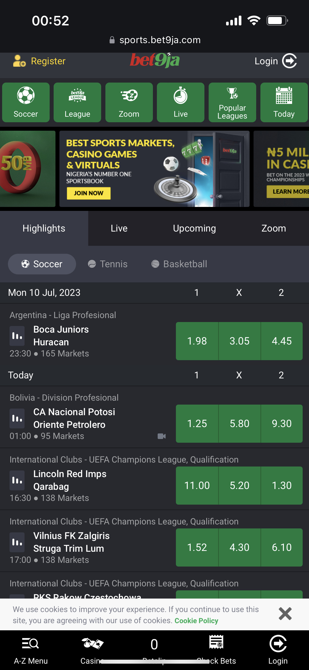 A screenshot of the Bet9ja online betting platform displaying betting options for various football matches. The interface has a dark theme with green highlights, showing odds for different teams, match schedules, and betting categories like Soccer, Tennis, and Basketball.