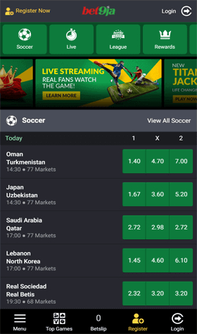 A mobile version of the Bet9ja platform, showing live match betting odds and options for different sports. The interface includes a top menu with categories such as Soccer, Live, League, and Rewards, with a live streaming banner and betting markets listed below.