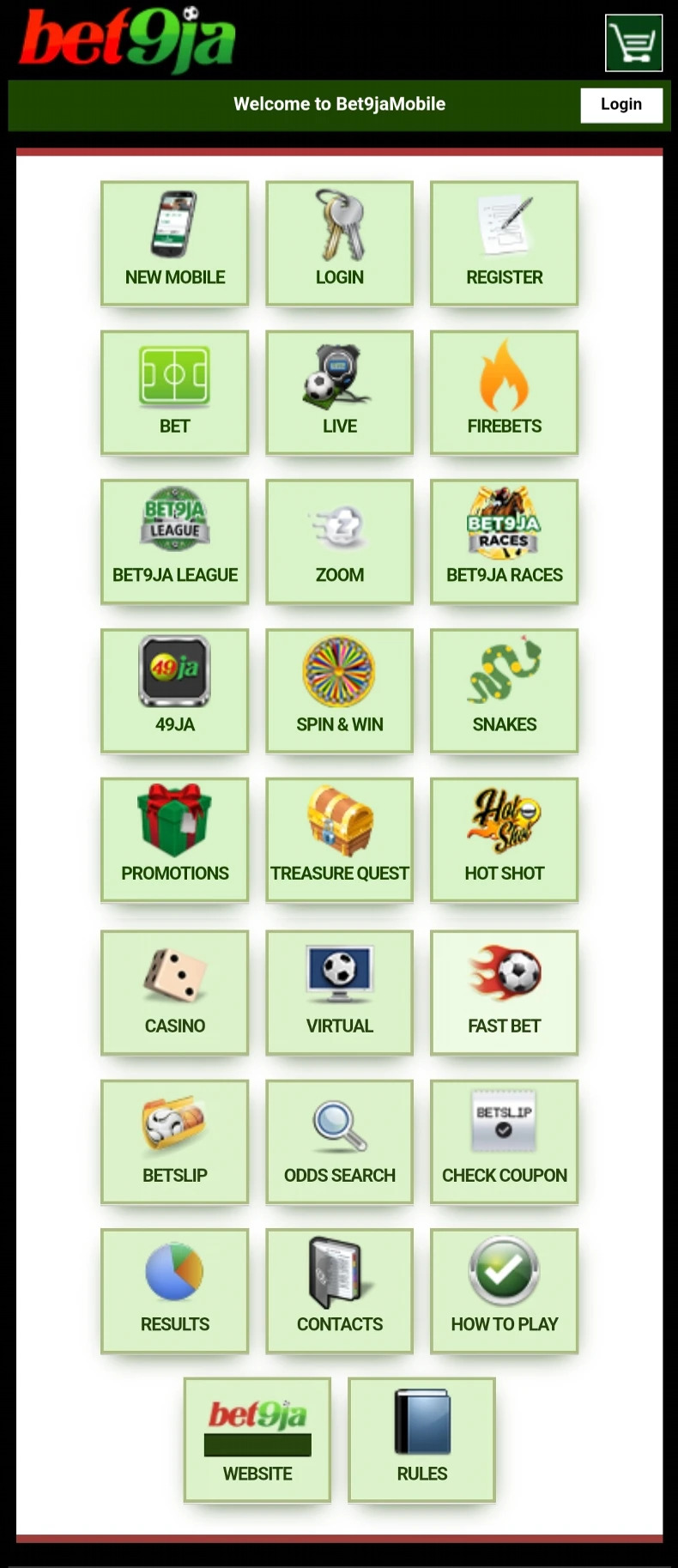 A simplified version of the Bet9ja mobile betting platform with a grid of icons for features such as Login, Register, Live Betting, Casino, Virtual Games, Promotions, and various betting options. The background is light green with red and black branding elements.