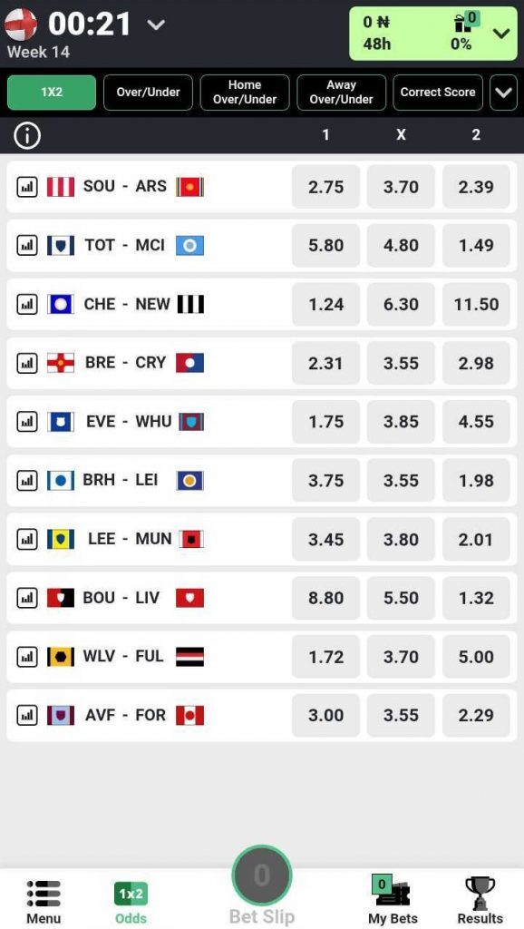 A list of upcoming football matches with betting odds displayed for three outcomes (win, draw, lose). The interface has a light theme with black text and green highlights. Teams are represented with small flag icons, and there is a bet slip counter at the bottom of the screen.